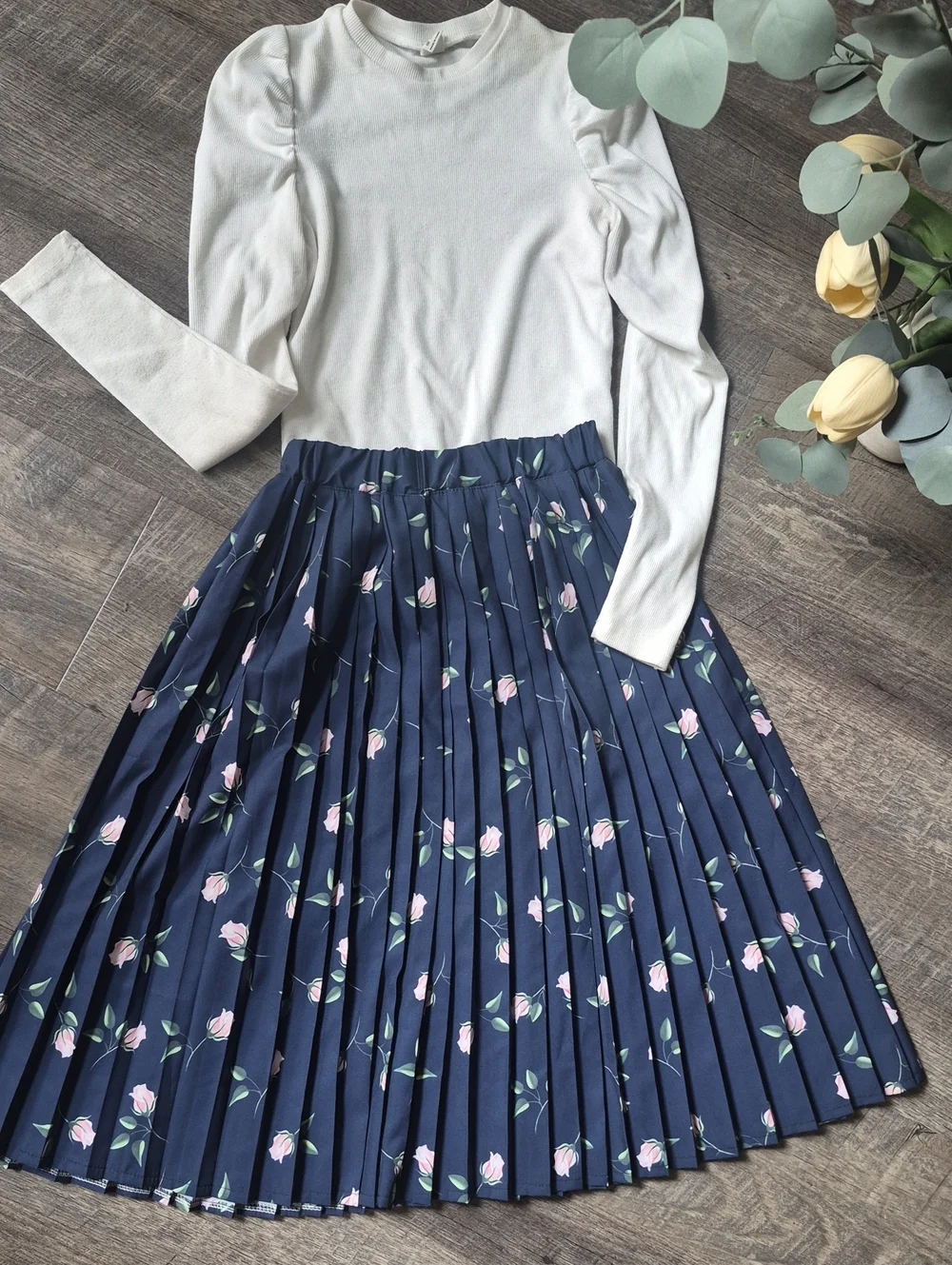 Navy Pleated Skirt with Pink Floral Print 12-14